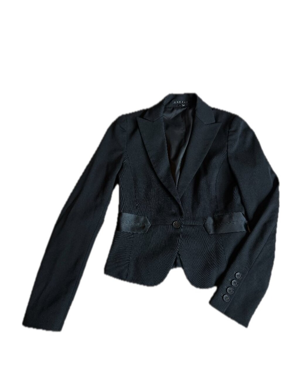 Theory Black Peaked Lapel Cropped Blazer Satin Trim Structured Size 2 Women's